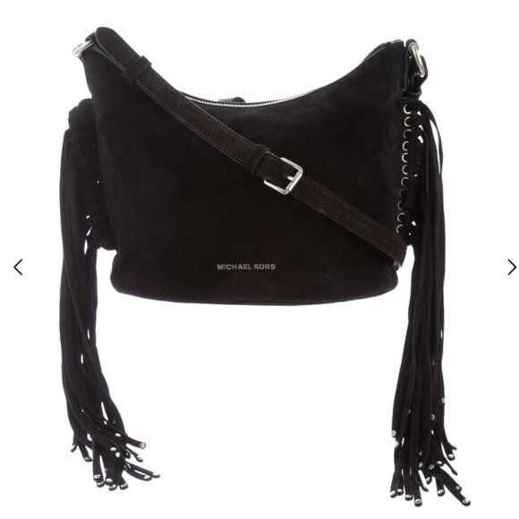Michael Kors Billy Fringe Black Suede Messenger Crossbody Bag NWT - Picture 2 of 12